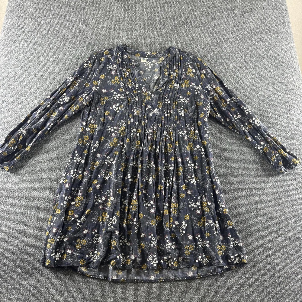 Old Navy Dress Women L Blue Floral 3/4 Sleeve V Neck Rayon Boho Cottagecore